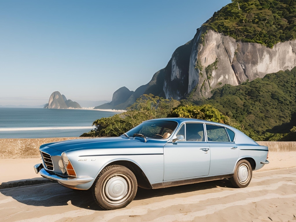 Carro exótico estacionado perto duma praia no Rio de Janeiro.