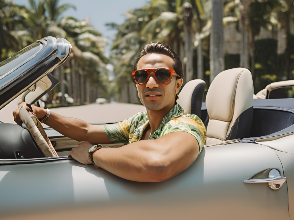 Homem dirigindo um carro esportivo de luxo no Rio de Janeiro.