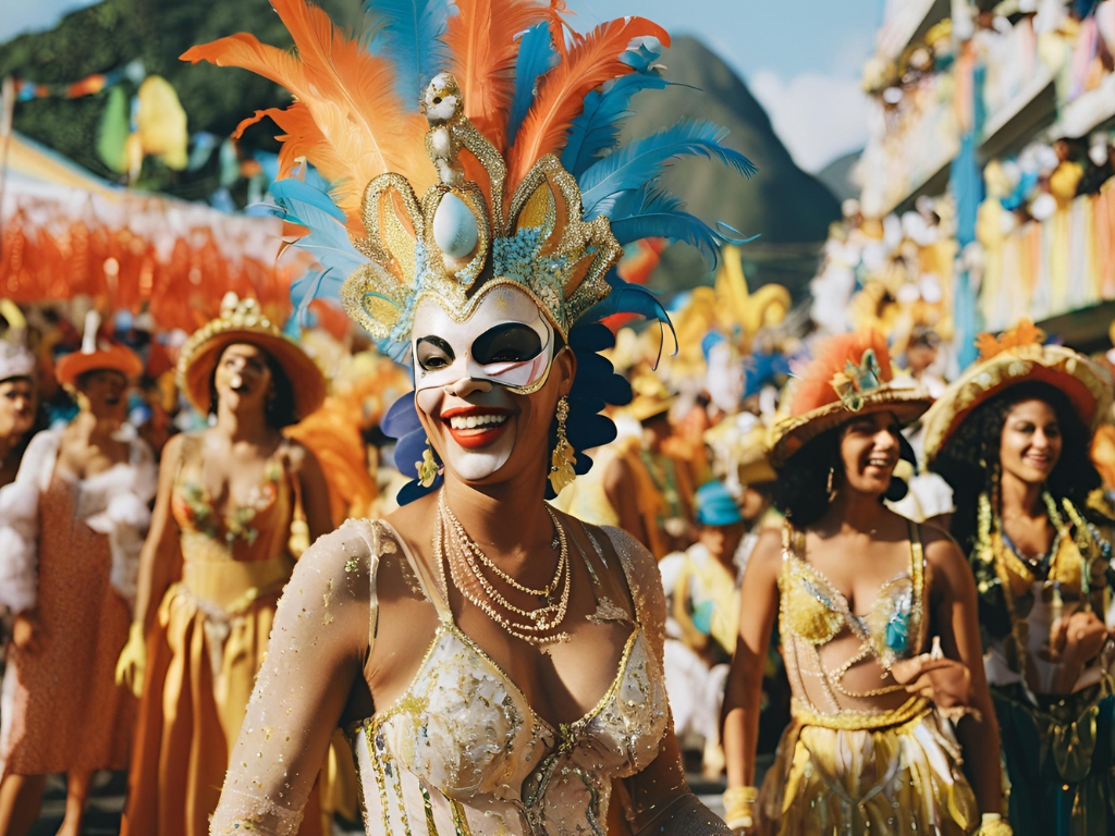 Turista no meio dum bloco de Carnaval no Rio de Janeiro