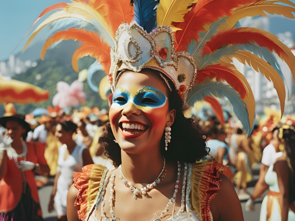 Uma mulher sorrindo durante o Carnaval do Rio de Janeiro em 2025