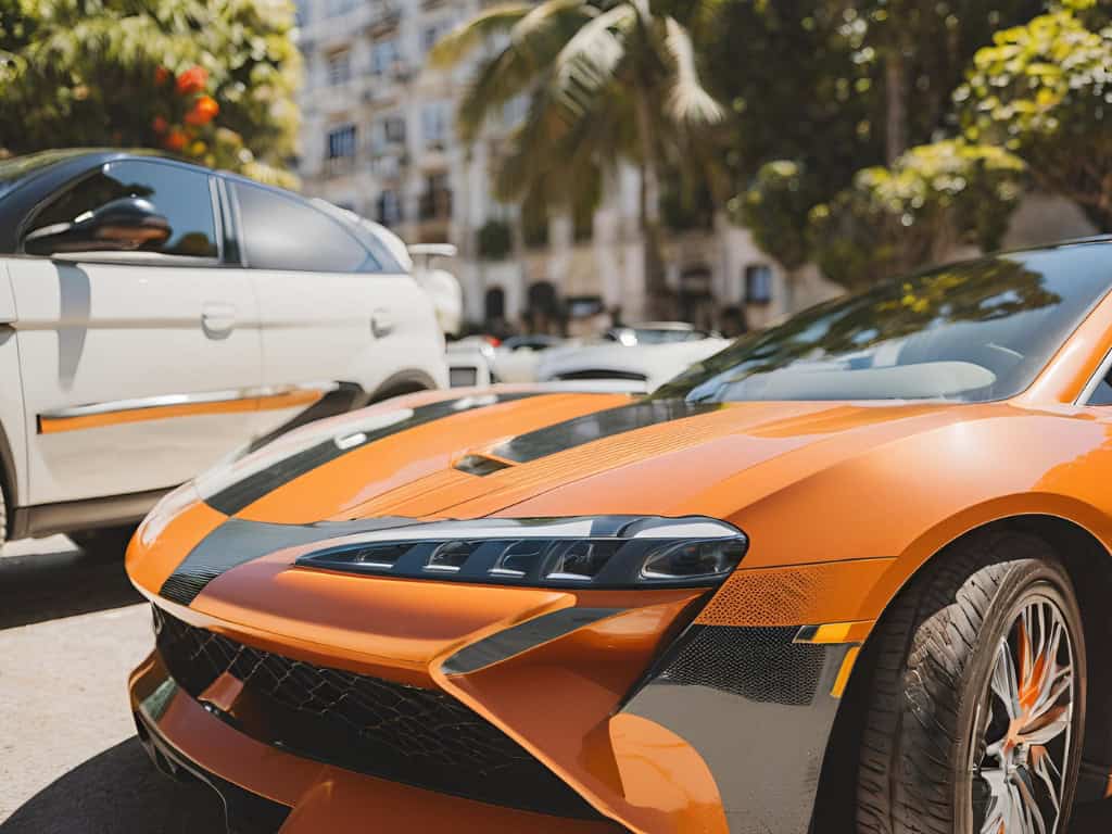 Luxury sport car in Rio de Janeiro, parked close to a hotel.