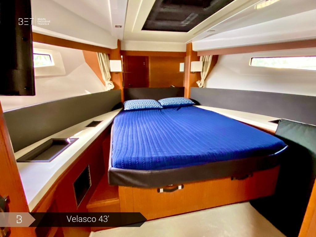 Velasco 43 yacht rental in Rio for cozy and stylish journeys.