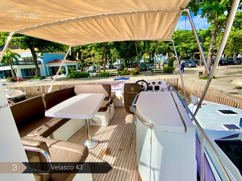 Velasco 43 yacht rental in Rio for cozy and stylish journeys.