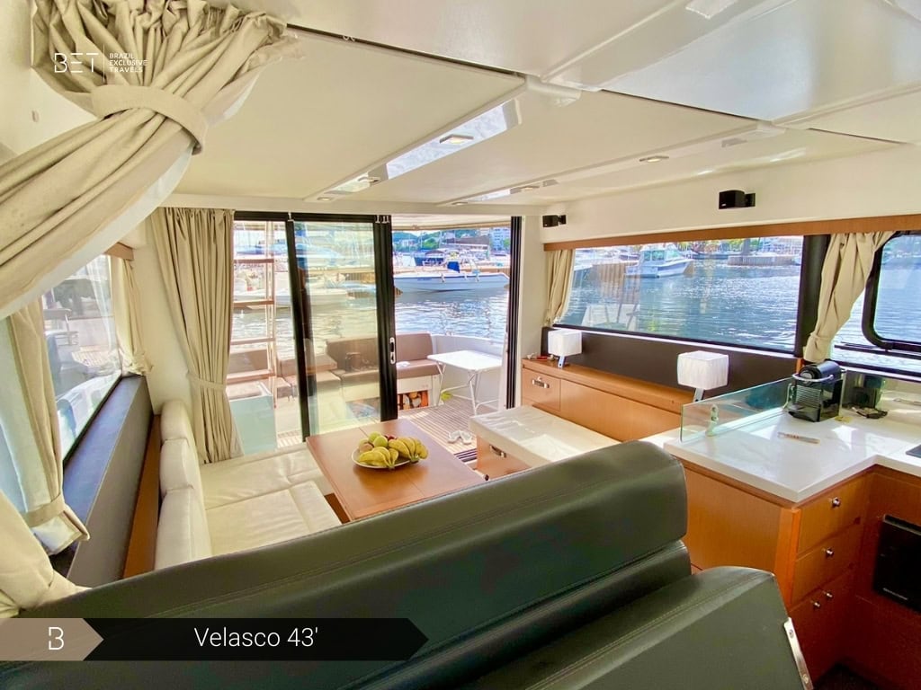 Velasco 43 yacht rental in Rio for cozy and stylish journeys.