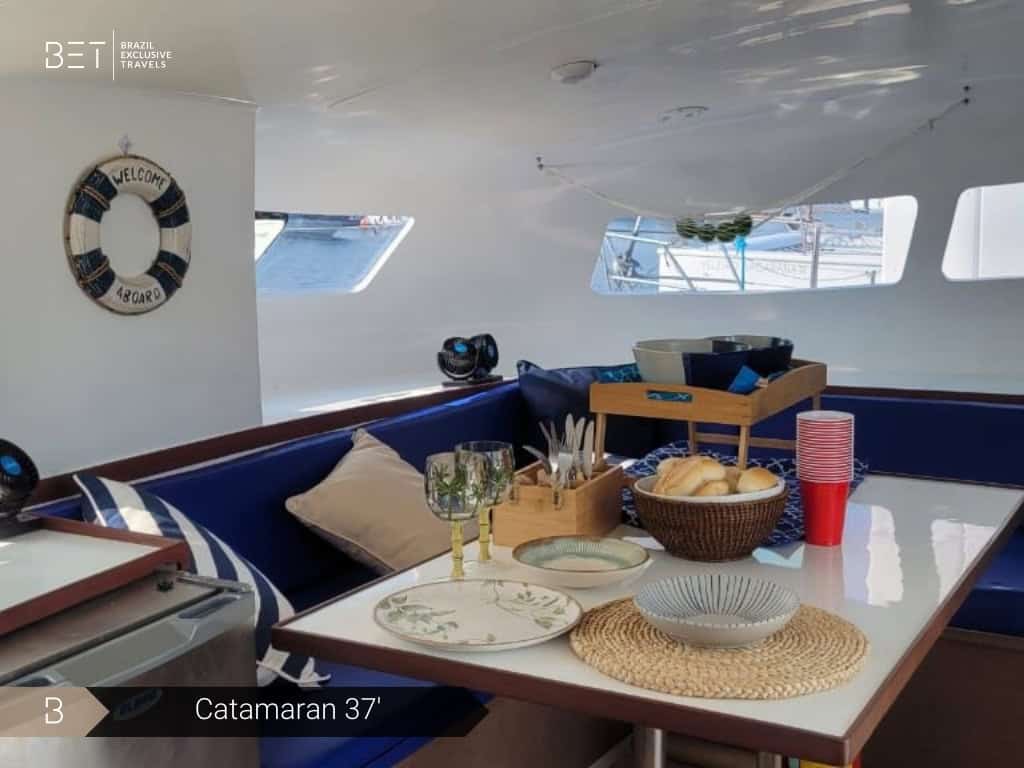 Private catamaran for rental in Rio de Janeiro, Brazil.