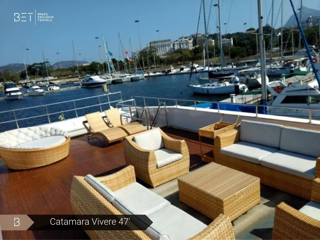 Catamaran Vivere 47 sailing through Rio de Janeiro's scenic waters.
