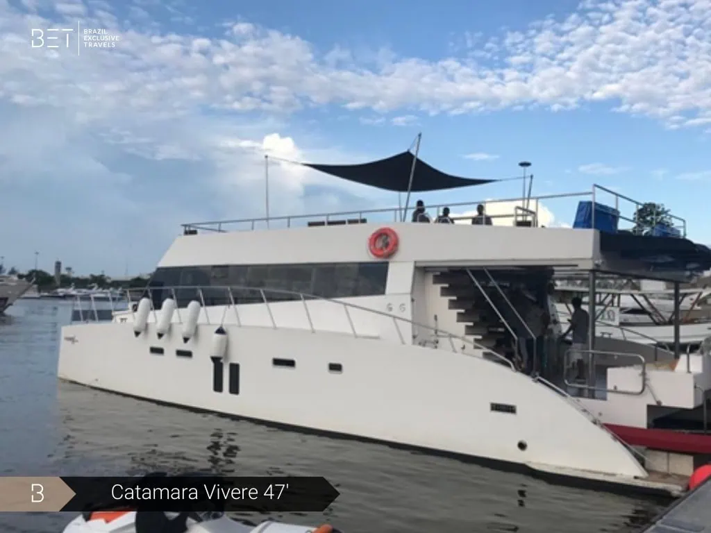 Catamaran Vivere 47 sailing through Rio de Janeiro's scenic waters.