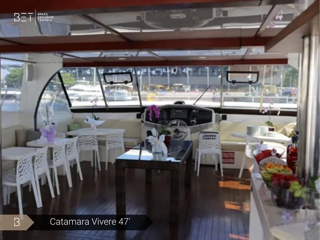 Catamaran Vivere 47 sailing through Rio de Janeiro's scenic waters.