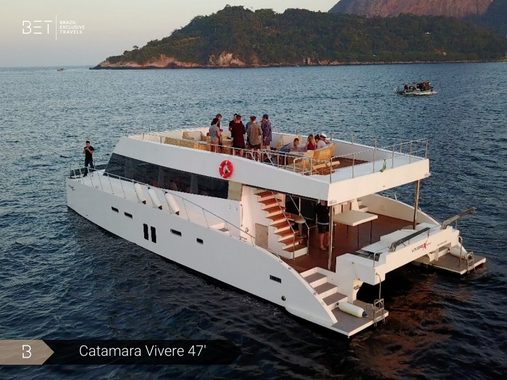 Catamaran Vivere 47 sailing through Rio de Janeiro's scenic waters.