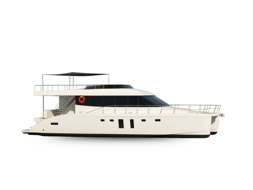 Catamarã Vivere 47' lotado de convidados em clima de festa na Baía de Guanabara.