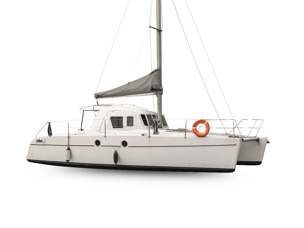 Catamarã 37' com redes na proa flutuando próximo à Urca.