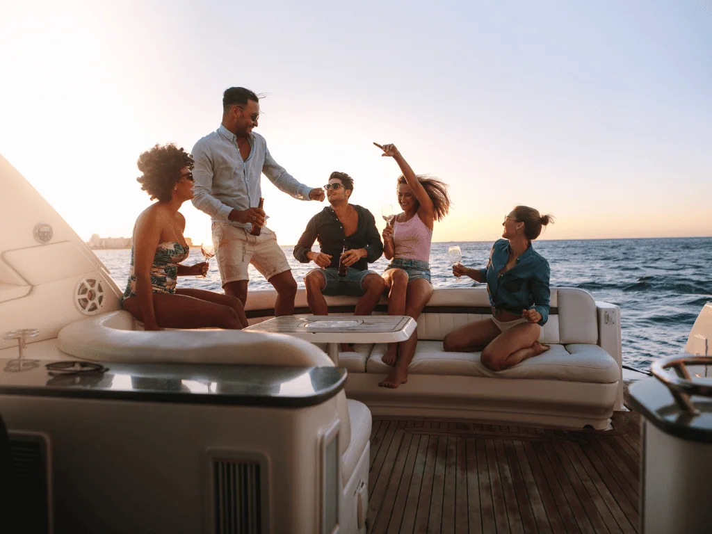 Group of friends on a yacht in Rio de Janeiro.
