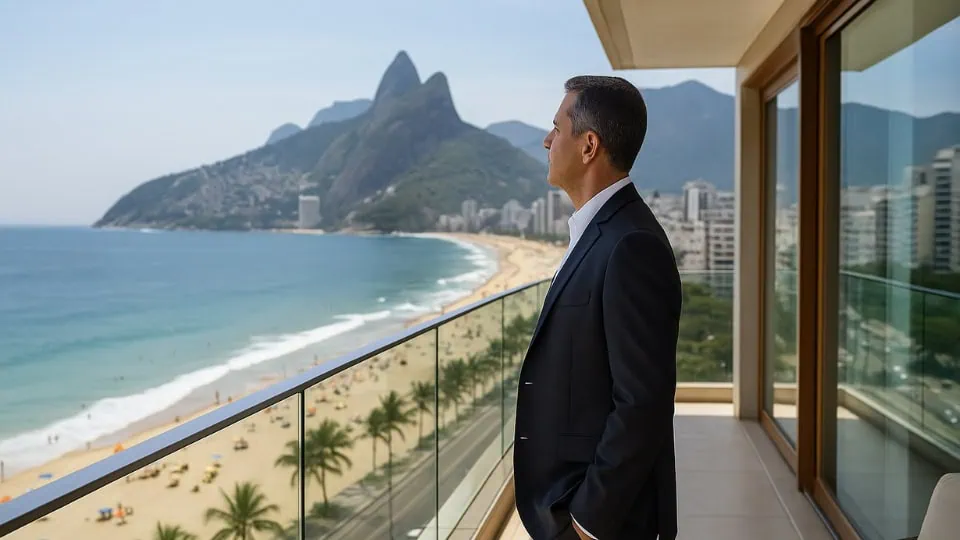 Why Choose Luxury Apartment Rental in Rio for Executives - Executive in balcony Executivo em varanda com vista para a Praia de Ipanema, aluguel de apartamento de luxo no Rio de Janeiro.