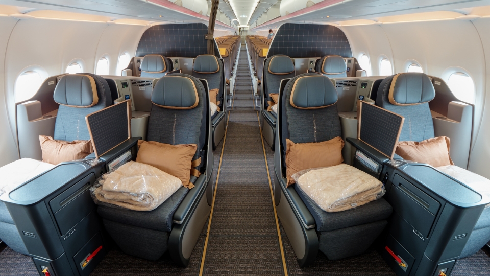 Booking a Business Class Flight to Rio de Janeiro What Sophisticated Travelers Need to Know (2) Cabin view of a business class flight to Rio de Janeiro showing spacious premium seats in front and economy class rows behind.