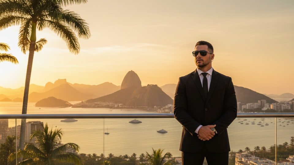 A man in a black suit with sunglasses and an earpiece stands on a terrace overlooking Rio de Janeiro, with Sugarloaf Mountain and Guanabara Bay in the background, conveying private security and sophistication.
