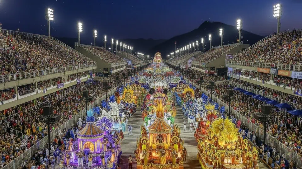 Sambadrome in Rio de Janeiro during Carnival, with floats and samba dancers performing in front of cheering crowds.