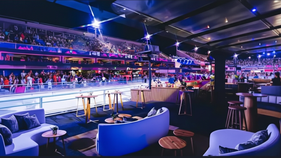 Interior of a carnival VIP box at Rio’s Sambadrome with a clear view of the parade runway at night.