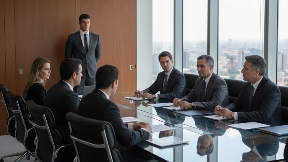 Profissional de segurança corporativa garantindo confidencialidade e continuidade durante uma reunião de conselho no Brasil.