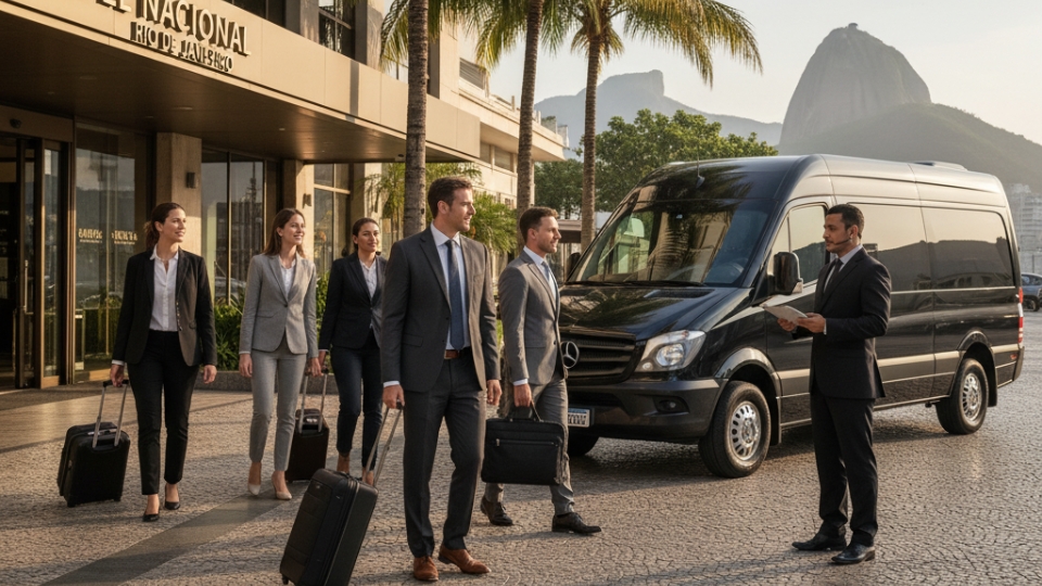 Delegados em viagem corporativa no Rio de Janeiro utilizando serviços de segurança corporativa com traslados seguros e guarda-costas.