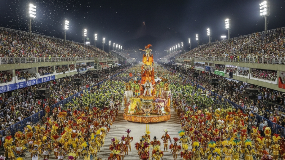 Samba school performing with floats and dancers at the Sambadrome during Rio Carnival.