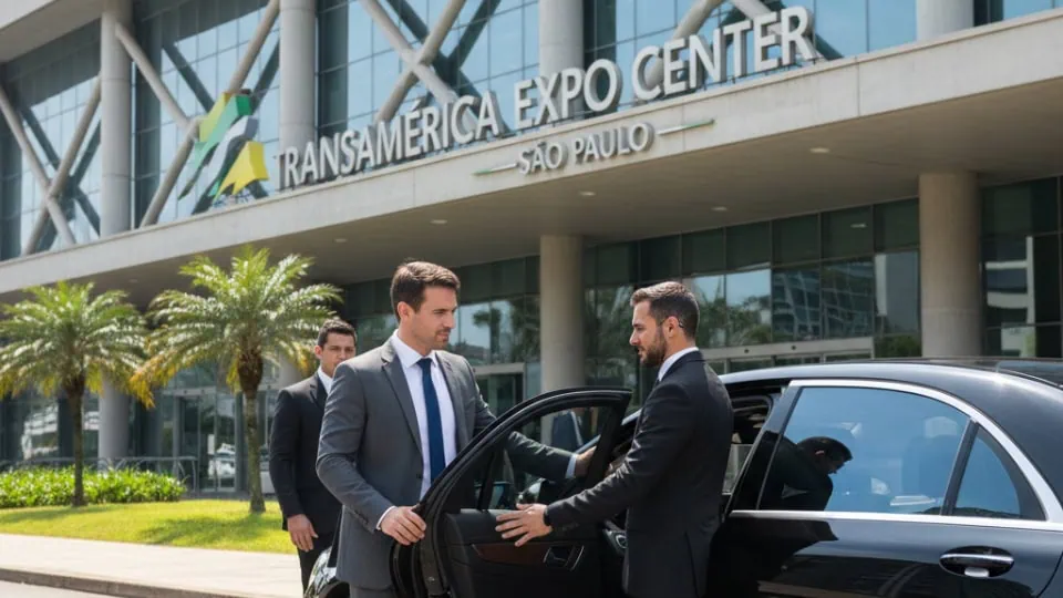 Executive traveler arriving at a corporate event in São Paulo with corporate security and secure transportation support.