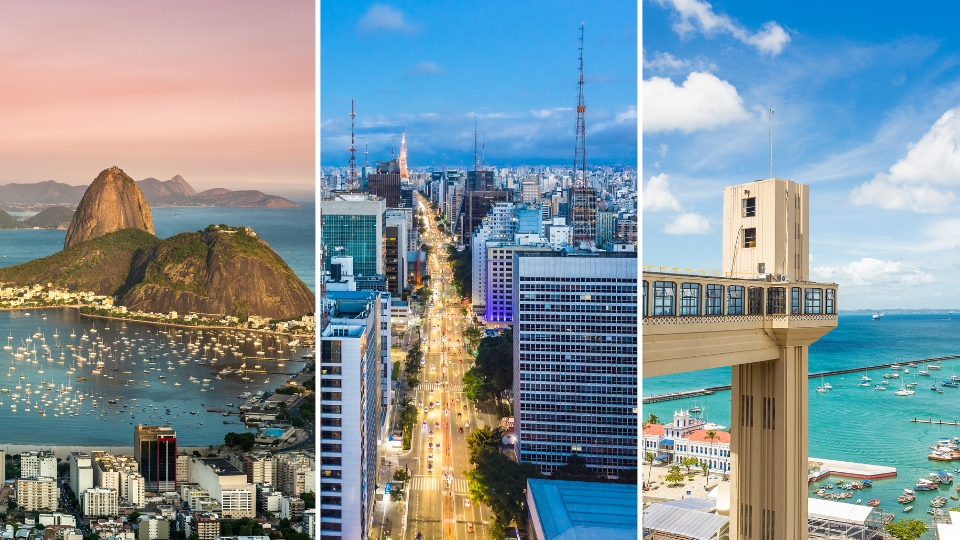 Tourism in Brazil 2025 Marks a New Era for High-End TravelTourism in Brazil 2025 Marks a New Era for High-End Travel (6) Visual collage of top urban destinations for tourism in Brazil: Botafogo beach in Rio, Avenida Paulista in São Paulo, and Elevador Lacerda in Salvador.