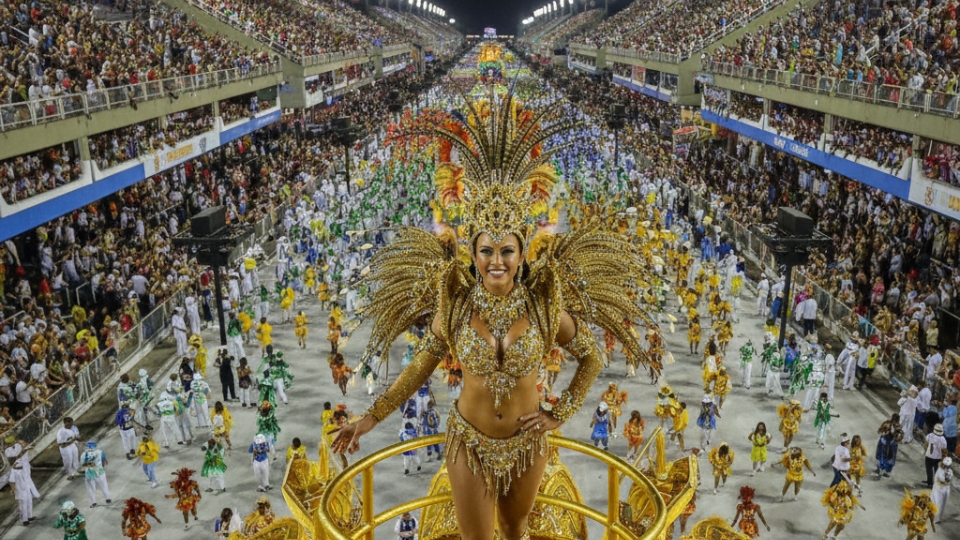 IMAGE (960 x 540px) (1) Destaque de escola de samba no topo de um carro alegórico durante o desfile de carnaval no Sambódromo do Rio de Janeiro