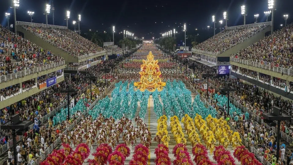 Sambistas e carros alegóricos desfilando no Sambódromo durante o desfile de carnaval do Rio à noite.