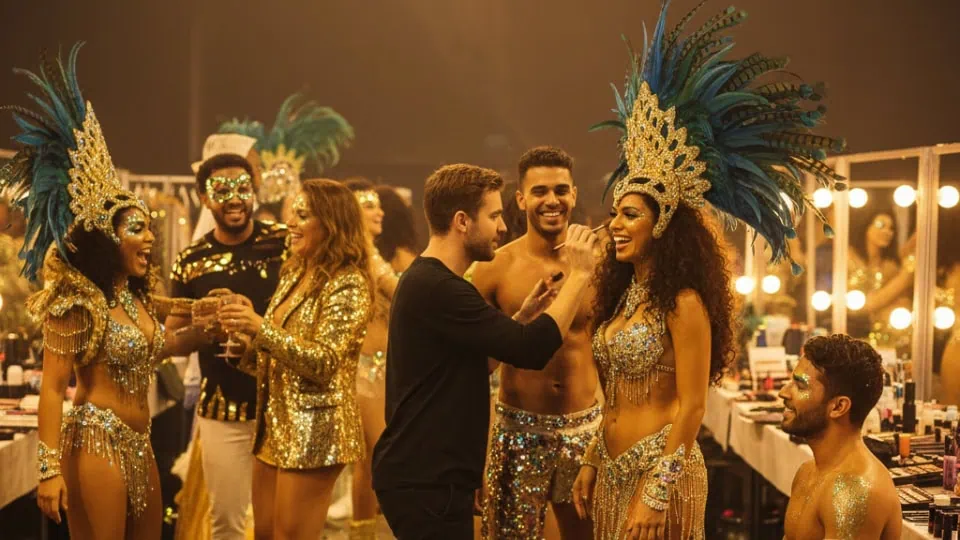IMAGE (960 x 540px) Participants preparing their samba costumes backstage before the carnival parade