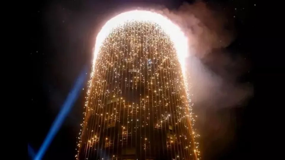 New Year Hotel Nacional Fireworks cascade from the façade of Hotel Nacional in São Conrado, Rio de Janeiro, during New Year’s Eve celebrations by the sea.