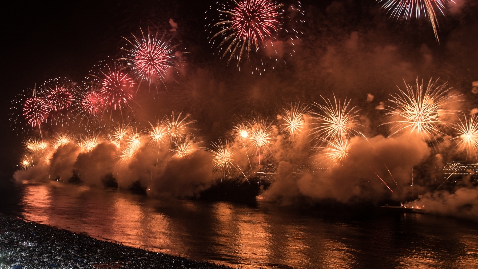 New Year fireworks anoramic view of Rio de Janeiro and Copacabana’s fireworks