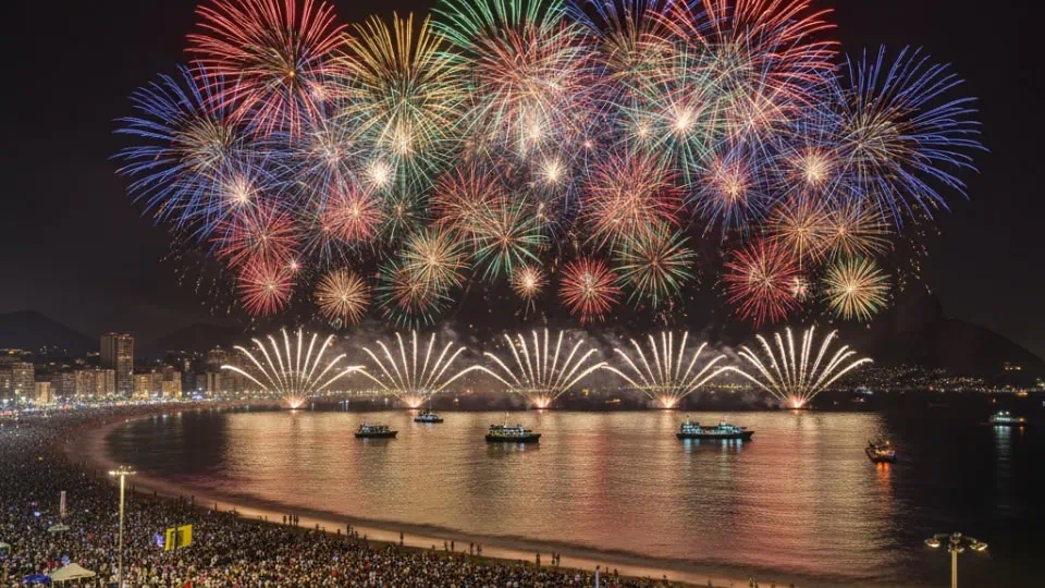 Fireworks over Copacabana Beach in Rio de Janeiro during New Year’s Eve celebration, with people dressed in white gathered by the ocean.