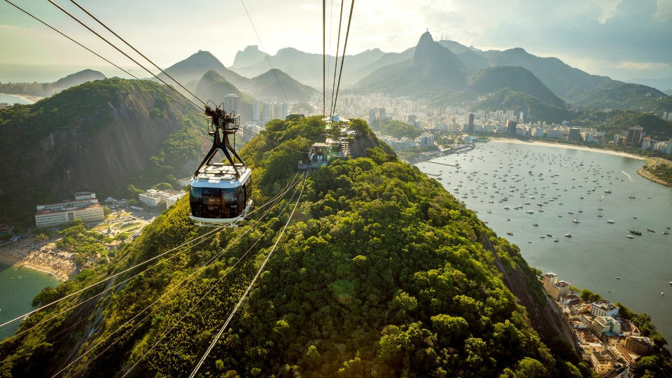 Cable car ascending Sugarloaf Mountain in Rio de Janeiro, Brazil, with sweeping views of the city