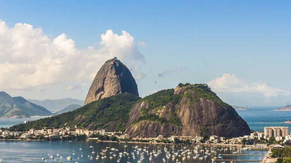 Panoramic view of Sugarloaf Mountain in Rio de Janeiro, Brazil, seen from Botafogo Bay under clear skies.