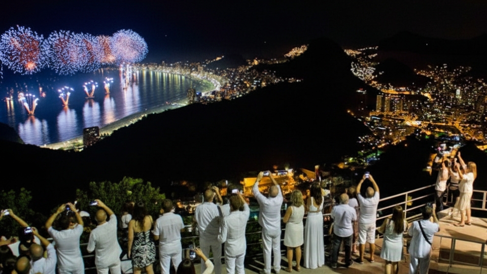 New Year’s Eve fireworks over Copacabana Beach viewed from Sugarloaf Mountain in Rio de Janeiro, Brazil
