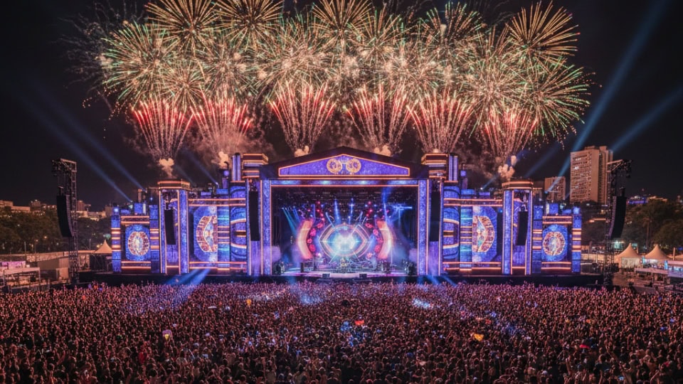 Vista noturna do palco principal do Rock in Rio com luzes e fogos de artifício observados de uma perspectiva elevada