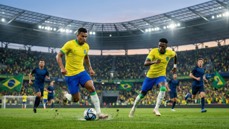 Vinicius Junior e Lucas Paquetá jogando pelo Brasil durante uma partida da Copa do Mundo.
