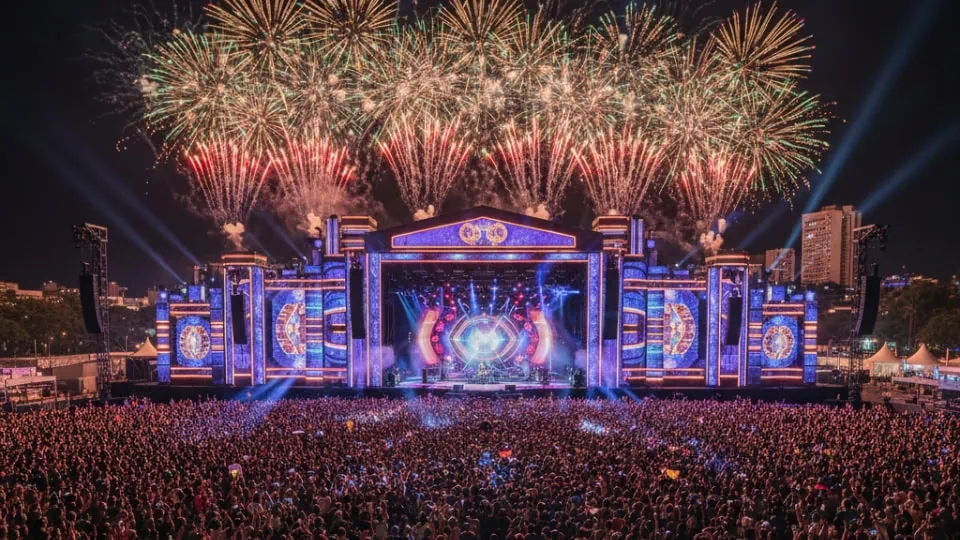 Nighttime view of the Rock in Rio main stage with bright lights and fireworks seen from an elevated perspective
