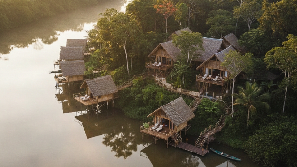 Luxury Amazon lodge surrounded by rainforest and river at sunrise, illustrating a high-end Amazon trip experience