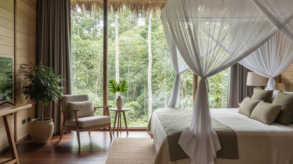 12 Interior of a luxury Amazon lodge bungalow combining comfort, privacy, and rainforest views