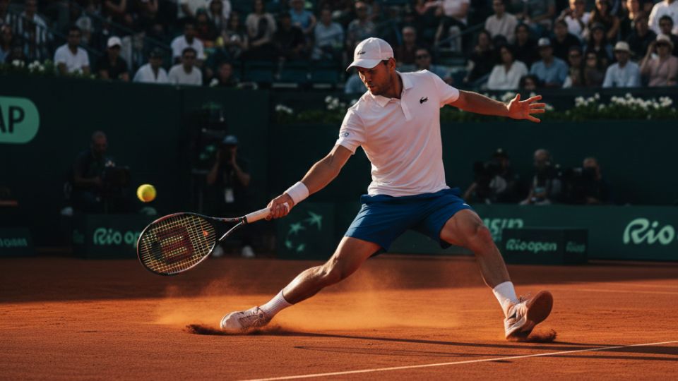 Tennis player in action during a Rio Open match at the Jockey Club Brasileiro in Rio de Janeiro