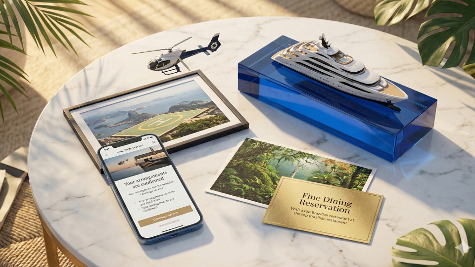 Mesa de concierge de viagem com mapa do Brasil, anotações, laptop e materiais premium usados para criar um roteiro personalizado.