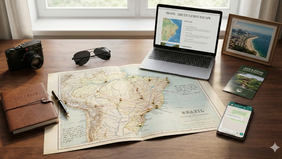 Luxury travel concierge planning a curated itinerary for Brazil, with maps, notes, and premium travel elements.