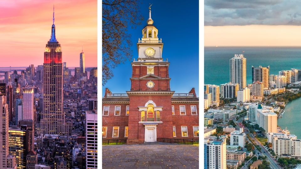 Blog Pictures - NEW Collage featuring New York, Philadelphia and Miami, the host cities for Brazil’s matches in the 2026 World Cup.