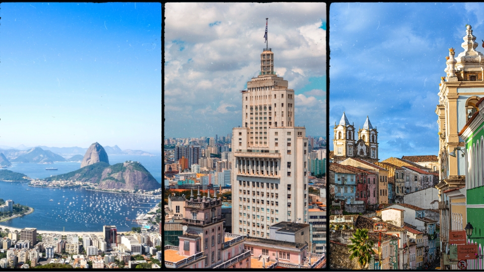 Montage showing Rio de Janeiro, São Paulo, and Salvador, highlighting the diversity of Brazil cities for luxury travelers