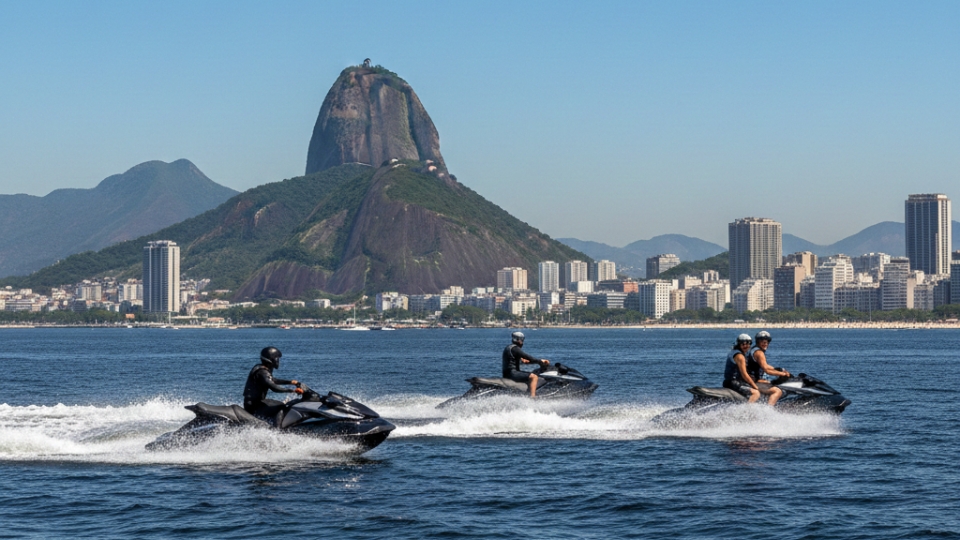 24 Things to do in Rio include a jet ski ride along the coastline with Sugarloaf Mountain in the background