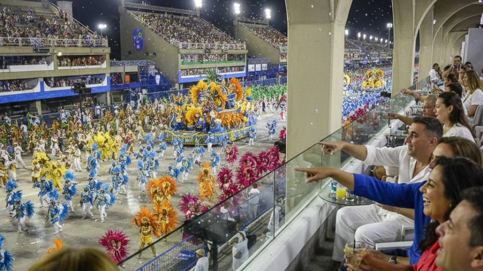 27 View of the samba parade from inside a carnival vip box in Rio, with guests standing on the balcony, holding drinks, and enjoying the Carnival atmosphere.