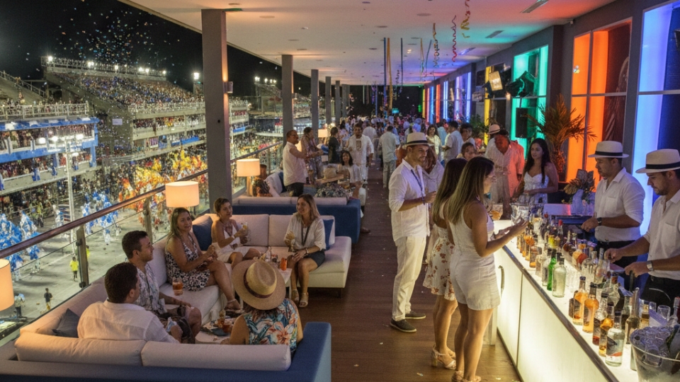 28 Interior de um camarote no Carnaval durante a noite, com convidados socializando perto do open bar em um ambiente descontraído e festivo.