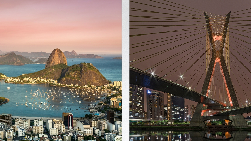30 Contrast between Rio de Janeiro and São Paulo in Brazil, showing Sugarloaf Mountain on the left and São Paulo skyline on the right
