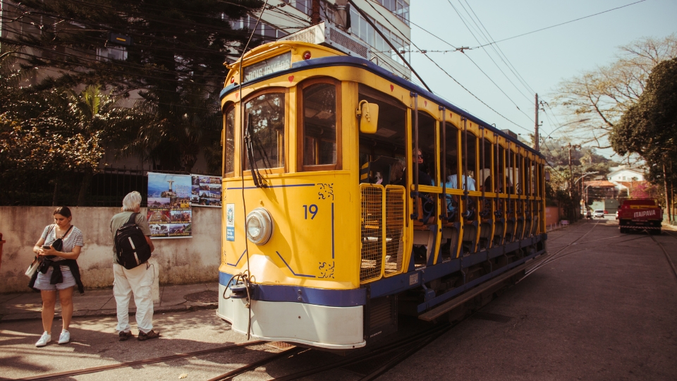 Santa Teresa Tram, Rio de Janeiro Santa Teresa tram crossing the historic hillside neighborhood in rio, a traditional area often visited on guided cultural tours